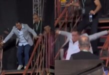 Leonardo é flagrado caindo de escada após show; assista
