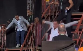 Leonardo é flagrado caindo de escada após show; assista